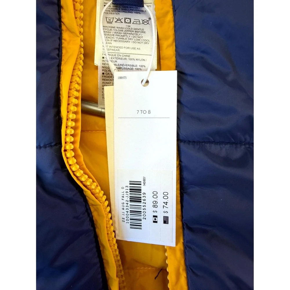 Janie and Jack Reversible Puffer Vest Boys 7/8 Blue Yellow Adventure Outerwear